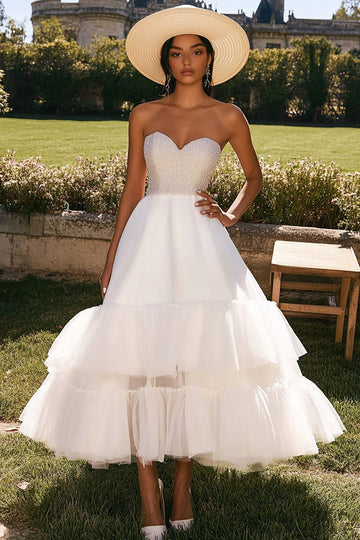 Strapless Ruffled White Wedding Dress with Beading